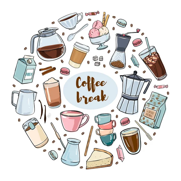 Illustrationsset Zum Kaffeethema Form Eines Kreises Vereinzelte Objekte Auf Weißem — Stockvektor