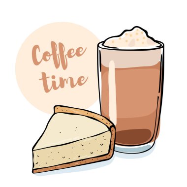 Bir parça cheesecake ile kahve içilen bir resim. Beyaz arkaplandaki izole nesneler. Doodle tarzı.