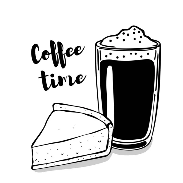 Illustration Eines Kaffeegetränks Mit Einem Stück Käsekuchen Vereinzelte Objekte Auf — Stockvektor