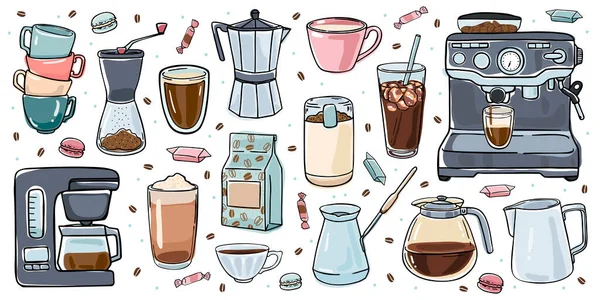 Illustratie Set Van Objecten Het Thema Koffie Bereiding Het Genot — Stockvector