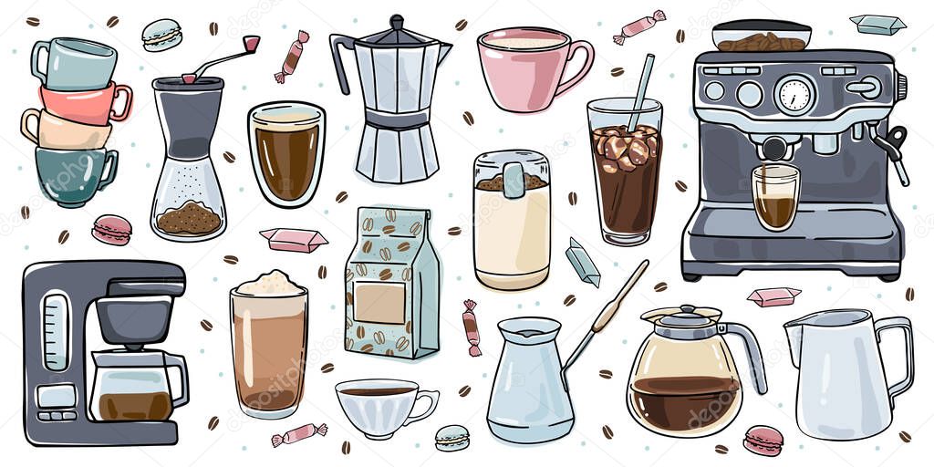 Illustration set of objects on the theme of coffee, its preparation and enjoyment of a drink. Isolated objects on a white background. Doodle style.