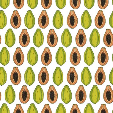 Meyveli papaya deseni sipariş ettim. Meyvenin tamamı ve yarısı beyaz arka planda. Doodle tarzı.