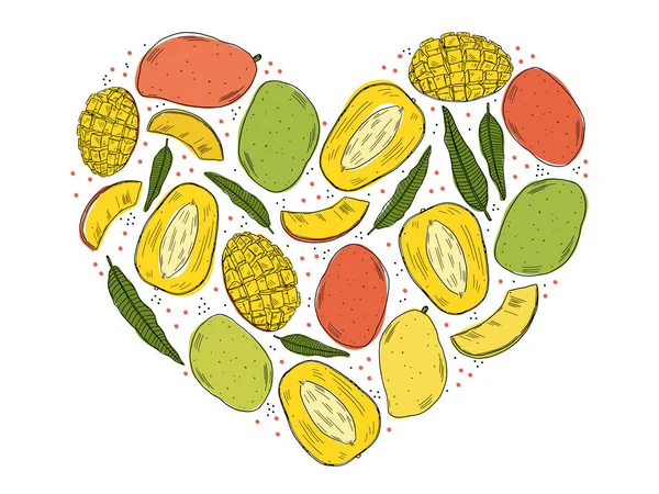 Um conjunto de ilustrações de frutos de manga em diferentes tipos e folhas da mangueira. Desenhos a cores são isolados em um fundo branco. Estilo doodle. —  Vetores de Stock