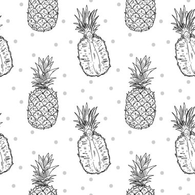 Ananas meyvesi pürüzsüz desen. Meyvenin tamamı ve yarısı beyaz arka planda. Karalama siyah özet biçimi..