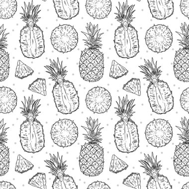 Ananas meyvesi pürüzsüz desen. Meyvenin tamamı ve yarısı beyaz arka planda. Karalama siyah özet biçimi..