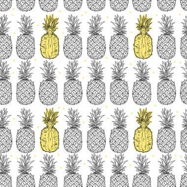 Ananas meyvesi pürüzsüz desen. Meyvenin tamamı ve yarısı beyaz arka planda. Karalama siyah özet biçimi..