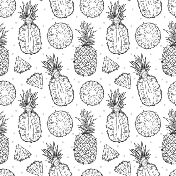 Pineapple Fruits Seamless Pattern Whole Half Fruit White Background Doodle — Stock Vector