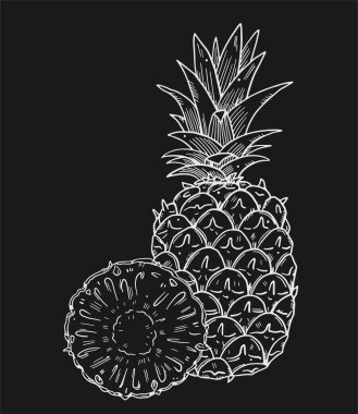 Arka planda bir ananas ve yarım dilim meyve kompozisyonu. Siyah arkaplandaki beyaz çizgili resim. Doodle tarzı..