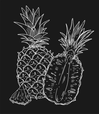 Arka planda bir ananas ve yarım dilim meyve kompozisyonu. Siyah arkaplandaki beyaz çizgili resim. Doodle tarzı..