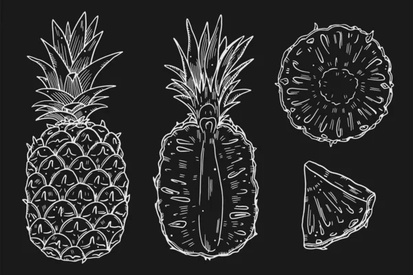 Farklı türde ananas meyveleri serisi. Beyaz çizimler siyah arka planda izole edilir. Doodle tarzı..