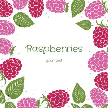 Dilimlerin kare çerçevesi ahududu ve yapraklar beyaz arka planda. Doodle tarzı. Metnin için yer.