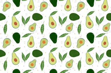 Vektör illüstrasyonu renksiz desenli avokado ve yapraklar. Beyaz arkaplanda Doodle biçimi nesnesi.