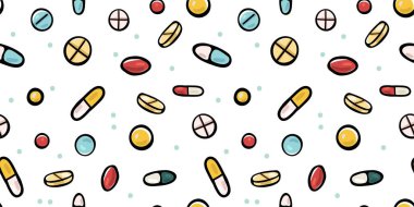 Kusursuz tablet desenleri, çizilmiş haplar. Beyaz arkaplandaki renk resmi.