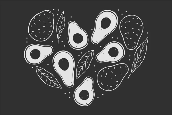 Ілюстрація Авокадо Білого Контуру Чорному Тлі Формі Серця Doodle Милий — стоковий вектор