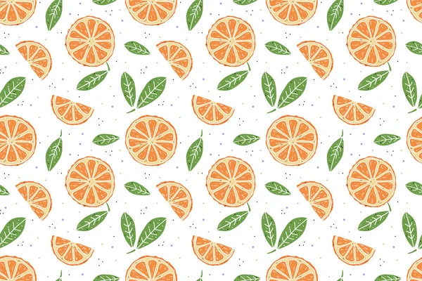 Illusztráció Szeletek Narancs Hagy Zökkenőmentes Minta Fehér Háttér Cuki Stílus — Stock Vector