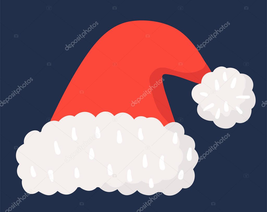 Illustration of a red santa claus hat with white fur. Isolated object. Cute simple style. Christmas mood.