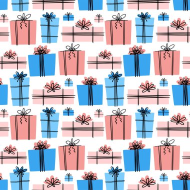 Kutular dolusu hediyeyle kusursuz bir desen. Basit, şirin bir tarz. Evrensel renkler. Her bayram, etkinlik, kutlama için uygun..