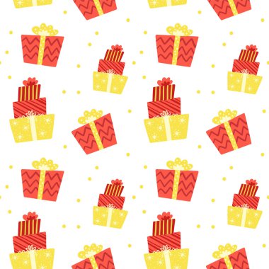 Şenlikli bir temada kusursuz bir desen tasviri. Parlak ambalaj kağıdındaki hediyeler. Beyaz arkaplandaki izole nesneler. Sevimli basit biçim.