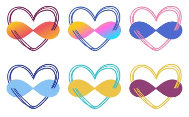 Illustration of a polyamorous heart symbol with an infinity sign. A set of signs in different colors. Simple cute style. The drawing is isolated on a white background. clipart
