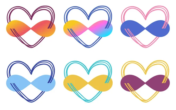 Ilustración de un símbolo del corazón poliamoroso con un signo de infinito. Un conjunto de signos en diferentes colores. Simple estilo lindo. El dibujo está aislado sobre un fondo blanco. — Vector de stock