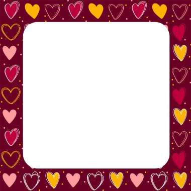 Burgundy arka planında kalplerden yapılmış kare bir çerçeve. Sevgililer Günü için romantik şirin bir tarz. Metinleriniz için yer, resimler.