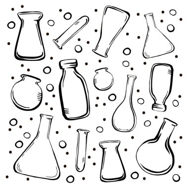 Çeşitli tıbbi şişeler ve şişelerin çizimi. Basit bir karalama stili. Beyaz arkaplandaki izole siyah nesneler.