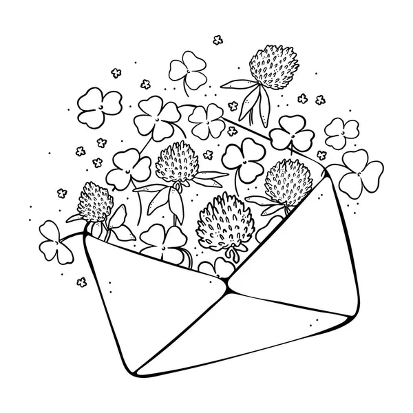 Illustration Kuvert Med Blommor Inuti Svart Kontur Vit Bakgrund Doodle — Stock vektor