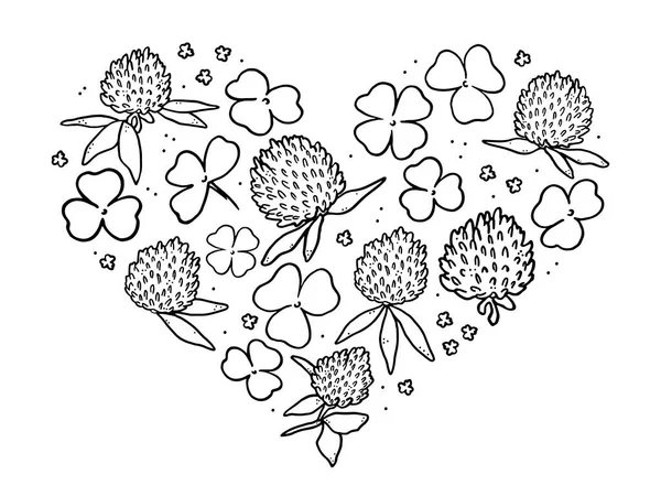 Illustration Blommor Och Blad Klöver Fodrade Form Ett Hjärta Enkel — Stock vektor