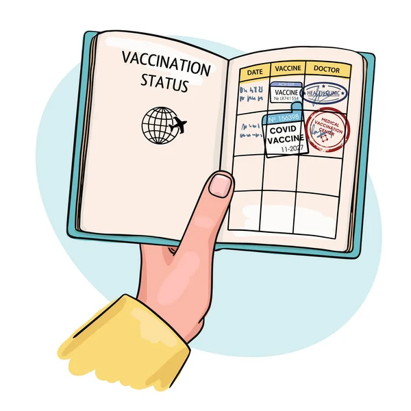 Illustration of the document confirming the vaccination. hand holds a vaccination passport with stamps and signatures of a doctor. Isolated objects on a white background. Doodle style. — Stock Vector