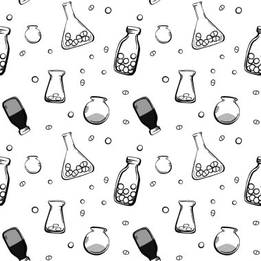 Çok renkli tıbbi şişelerin, ilaçlı mataraların kusursuz çizimleri. Beyaz arka planda izole edilmiş siyah ana hatlı nesneler. Basit karalama biçimi.