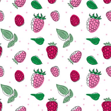 Ahududu çileği ve dikişsiz yaprak çizimi. Basit karalama stili. Beyaz arkaplandaki izole nesneler.