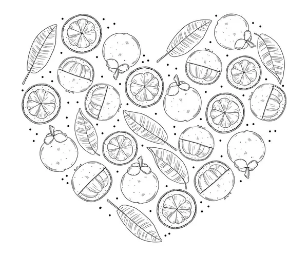 Un insieme a forma di cuore di illustrazioni di frutti di mangostano in diversi tipi e foglie del mangostano. disegno contorno nero sono isolati su uno sfondo bianco. Stile schizzo Doodle. — Vettoriale Stock