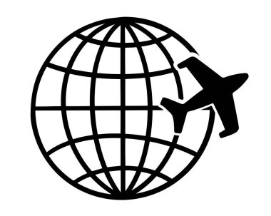 Illustration of an airplane flies around the earth. Stylized image. Simple flat style. Isolated on white background. Can be used as an icon, logo. vector
