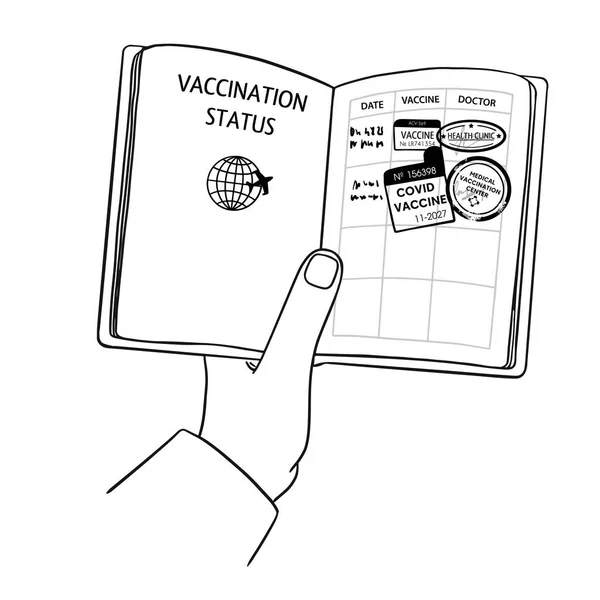 Иллюстрация Документа Подтверждающего Вакцинацию Рука Держит Вакцинационный Паспорт Штампами Подписями — стоковый вектор