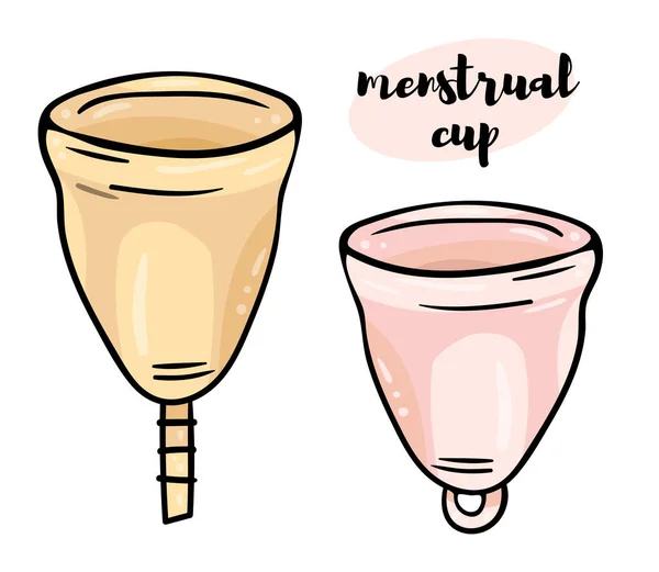 Ilustração Cores Conjunto Copos Menstruais Com Diferentes Caudas Esboço Preto — Vetor de Stock