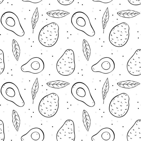 Black Line Illustration Avocado Fruit Seamless Pattern Whole Fruit Pieces — Stock Vector
