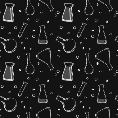 Çok renkli tıbbi şişelerin, ilaçlı mataraların kusursuz çizimleri. Beyaz tebeşirle çizilmiş nesneler siyah arkaplanda izole edilmiş. Basit karalama şirin stili.