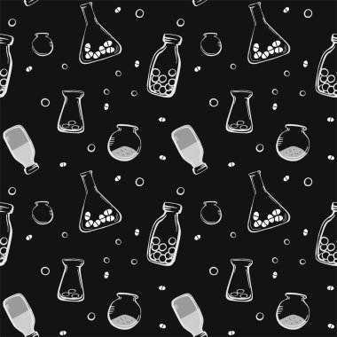 Çok renkli tıbbi şişelerin, ilaçlı mataraların kusursuz çizimleri. Beyaz tebeşirle çizilmiş nesneler siyah arkaplanda izole edilmiş. Basit karalama şirin stili.