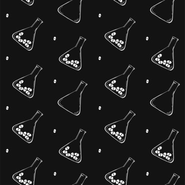 Çok renkli tıbbi şişelerin, ilaçlı mataraların çapraz çizimsiz desenleri. Beyaz tebeşirle çizilmiş nesneler siyah arkaplanda izole edilmiş. Basit karalama şirin stili.