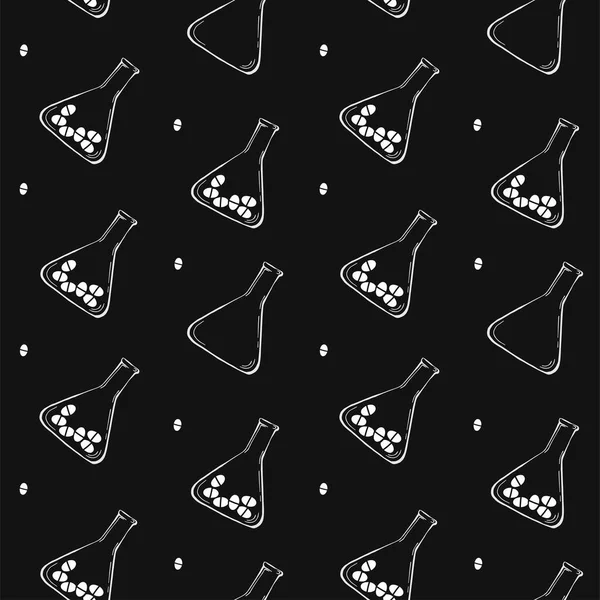 Çok renkli tıbbi şişelerin, ilaçlı mataraların çapraz çizimsiz desenleri. Beyaz tebeşirle çizilmiş nesneler siyah arkaplanda izole edilmiş. Basit karalama şirin stili.