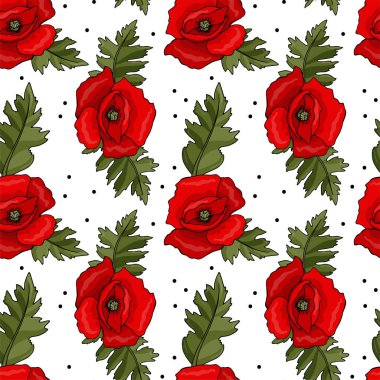 Çiçeklerin ve yaprakların kusursuz deseni. Kırmızı haşhaş çiçekleri, tomurcuklar, tohum kabukları, saplar. Nesneler beyaz arka planda izole edilir. Sevimli karalama stili.