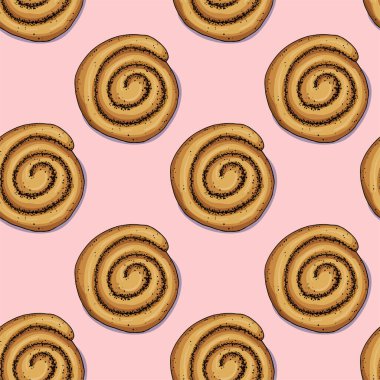 İllüzyon kusursuz desen. Çapraz haşhaş tohumlu çörekler. Pembe arka plandaki izole nesneler. Basit karalama biçimi.