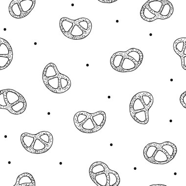 Çubuk krakerlerin pürüzsüz deseni. Beyaz arka planda siyah haşhaşlı kraker. Basit karalama çizim biçimi.