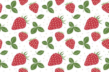 Beyaz arka planda yaprakları olan kusursuz desenli çilekler. Doodle tarzı.