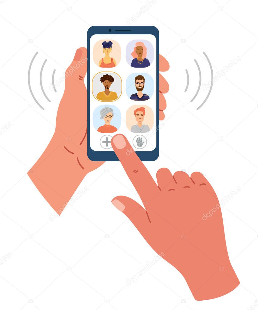 Illustration of hands holding a phone. On-screen interface of the clubhouse.