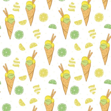 Beyaz arka planda farklı dondurma türleri olan kusursuz bir desen. Güzel el çizimi karalama tarzı..