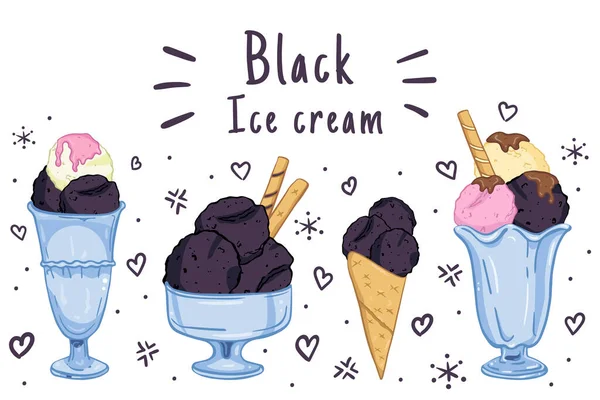 Illustration set of black ice cream isolated on white background. — Stock Vector