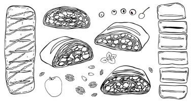 Çizim seti dilimleri ve elmalı ve vişneli turta..