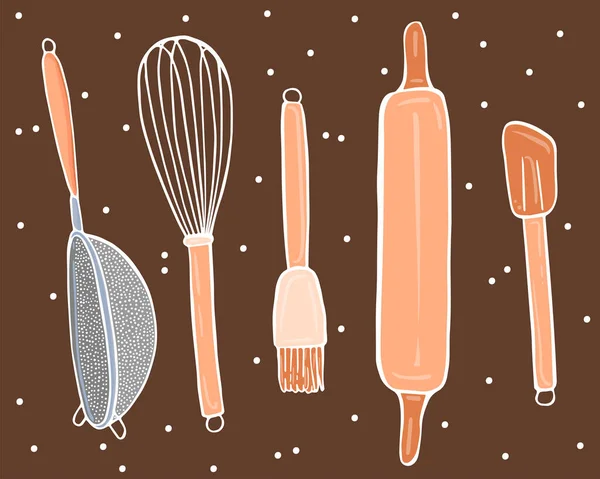 Espátula, batidor, colador, rodillo, cepillo culinario sobre fondo marrón. — Archivo Imágenes Vectoriales