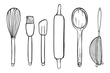 Illustration of cute kitchen objects for cooking are drawn with a black outline. Spatula, whisk, colander, rolling pin, culinary brush isolated on white background.
